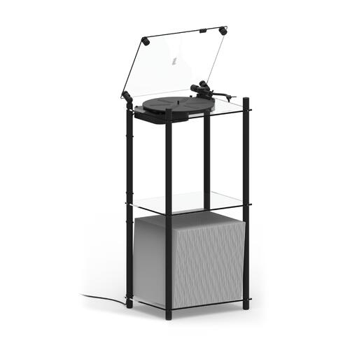 Transparent Turntable Table Stand, svart Gulvstativ platespiller inkl. vinylhylle 