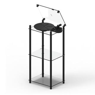 Transparent Turntable Table Stand, svart Gulvstativ platespiller inkl. vinylhylle