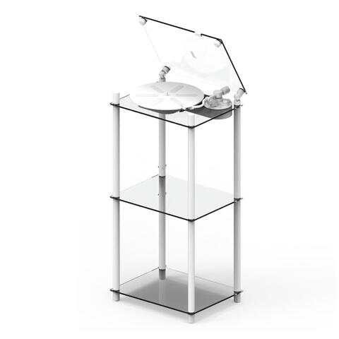 Transparent Turntable Table Stand, hvit Gulvstativ platespiller inkl. vinylhylle