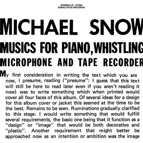 Michael Snow Musics For Piano, Whistling... (LP)